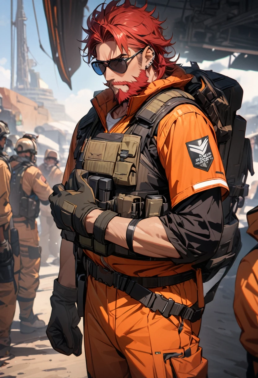 (masterpiece:1.2),(best quality:1.2),(masterpiece, best quality, ultra-high resolution), (Male character), Short, messy hair, thick, well-groomed red-haired beard, piercing green eyes, tanned and sun-tanned skin. He wears a rugged pilot suit in shades of orange and white, with a tactical vest and multiple combat insignia. Pilot's helmet hanging from his arm, thick gloves. 