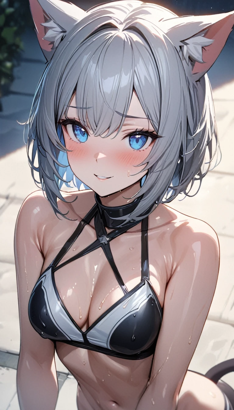 1girl、(((best quality)), ((masterpiece)), (details), masterpiece, best quality, high quality, ulutra detailed, perfect face, ((1girl, Blue eyes, cat ears: 1.3 silver bob hair: 2.5,))、Shiny Hair、Glowing Skin、Happy face、Lustful look、I can see your toned stomach、soaked、