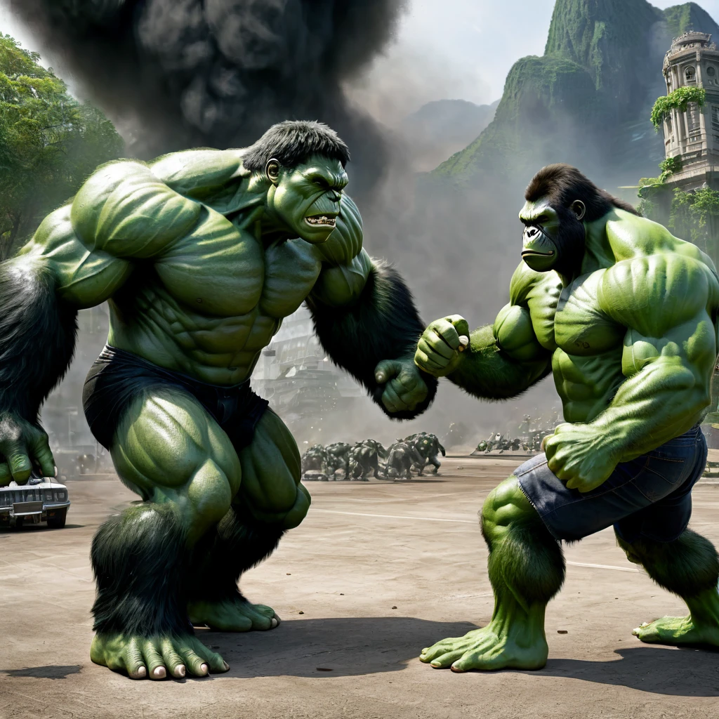 create image real Hulk vs Gorilla, realism, photorealistic, detailed visuals