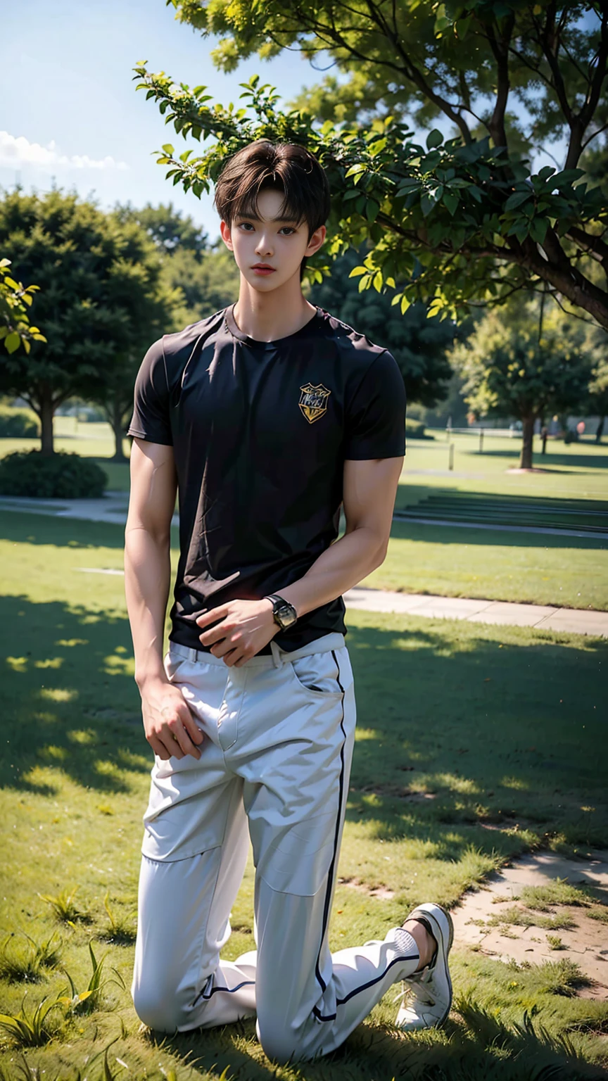 young korean man , 1 boy, white skin , Fine skin, 1 boy, ((realistic)), abdomen, good light quality, muscle veins, ((Pale skin)), football player, (Masterpiece, Special quality, high resolution, 8K, complicated:1.2), (detailed face:1.2), handsome, , Embossed, 1 boy,alone, look at viewer, Balancing the eyes, , (Make eye contact), , black polo shirt, With super tight navy blue jeans., big Embossed (In the countryside:1.5), (field:1.3)