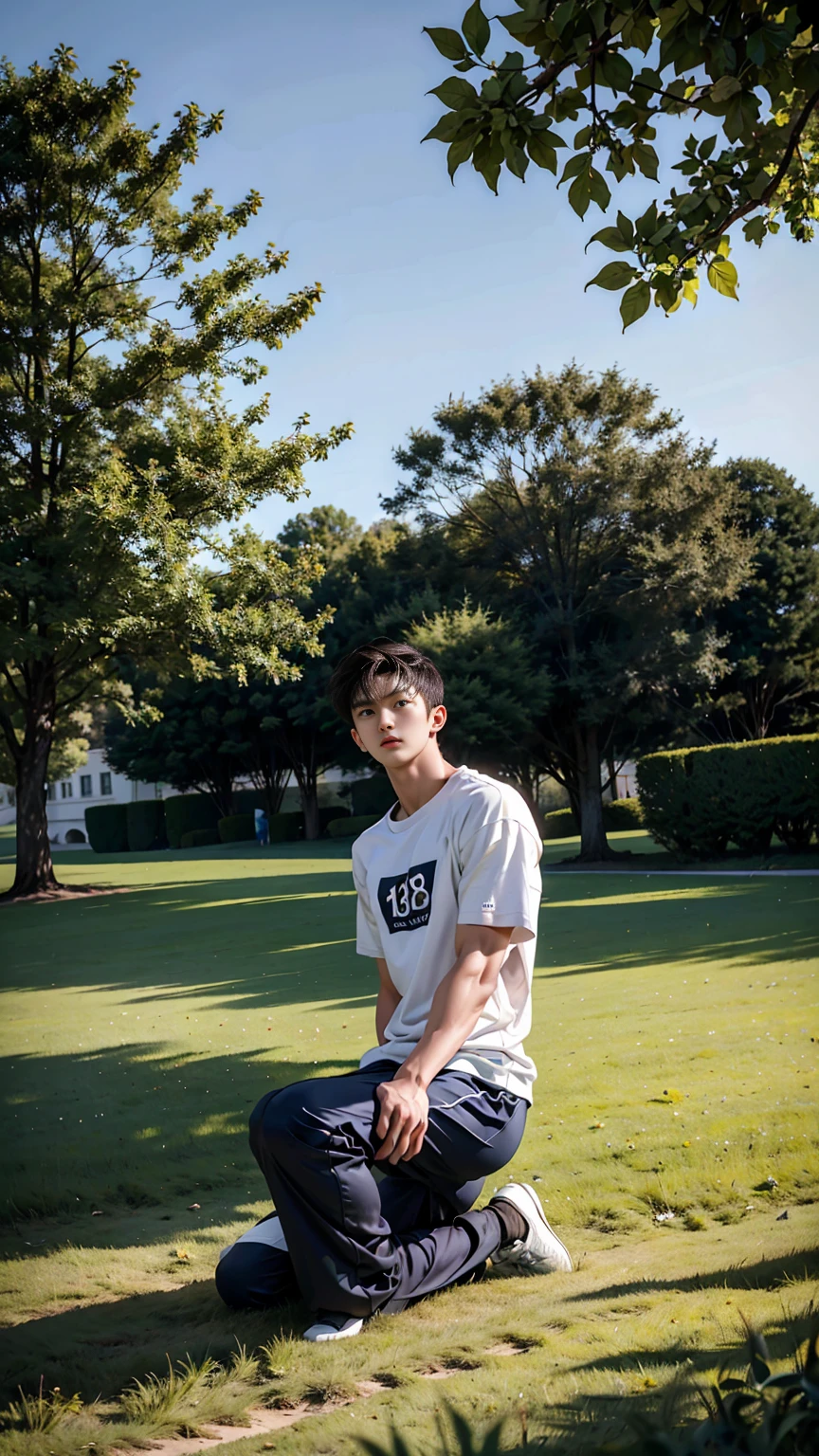 masterpiece,best quality, (An 18-year-old boy with extraordinary development:1.2), (Tall and fit body),(Kneeling upright on the campus grass),Look up at the characters,Front view,Stay away from the camera,Ming's tight-fitting cycling suit,Broad and straight shoulders,Muscular shoulders,(Extremely strong body),Muscular body,Fitness,Perfect body proportions,Inverted triangle figure,Biceps,Highlight muscle texture, Muscular body,Slender and toned legs,Small head,Handsome and cute face,Perfectly detailed facial features,Looking at the camera,A serious and angry expression,leaning back,head tilt, happy, very short hair, brown hair,(looking at viewer:1.2),full body,Vision
