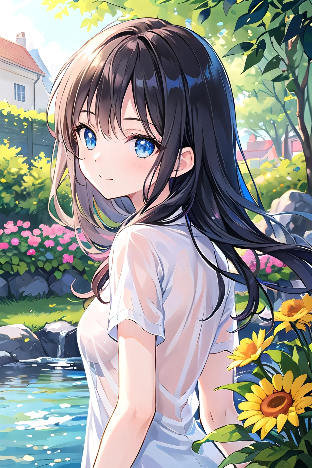 ((Highest quality)), ((masterpiece)), (detailed),, 15 years old, Black Hair,(Childish face), (Long Hair), Girl,  Breasts, topless, ((Blue eyes)),half-smile ,Sunlight, upper body , Thea Shirt, (arched back) , riverbank, flower garden,(See-through shirt),Thea Shirt,