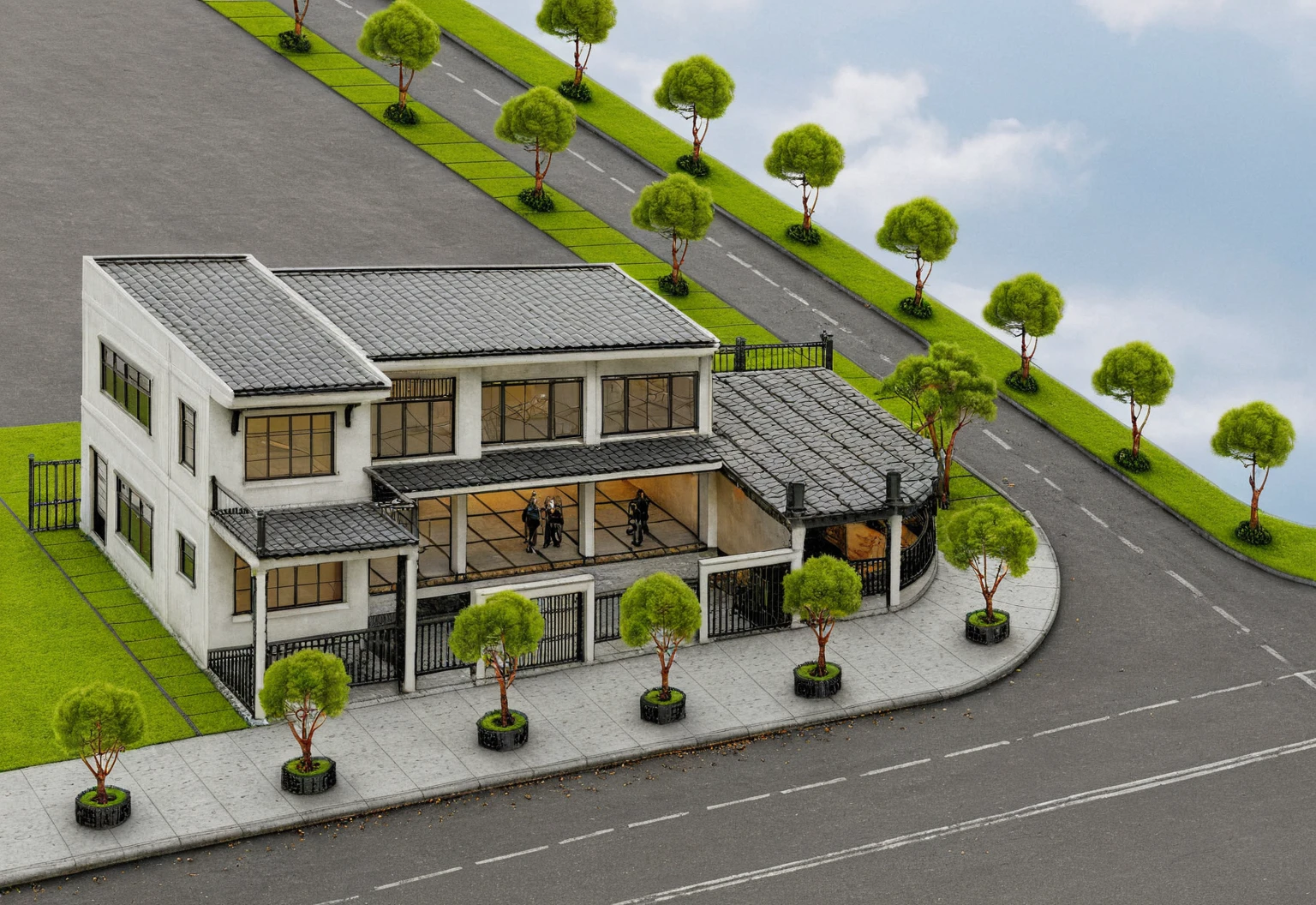 Raw photo,Masterpiece, high quality, best quality, authentic, super detail,
exterior, outdoors, house style indochine on the street ,aiaigroup
road,pavement, grass, trees, sky, cloud, (day:1.1)