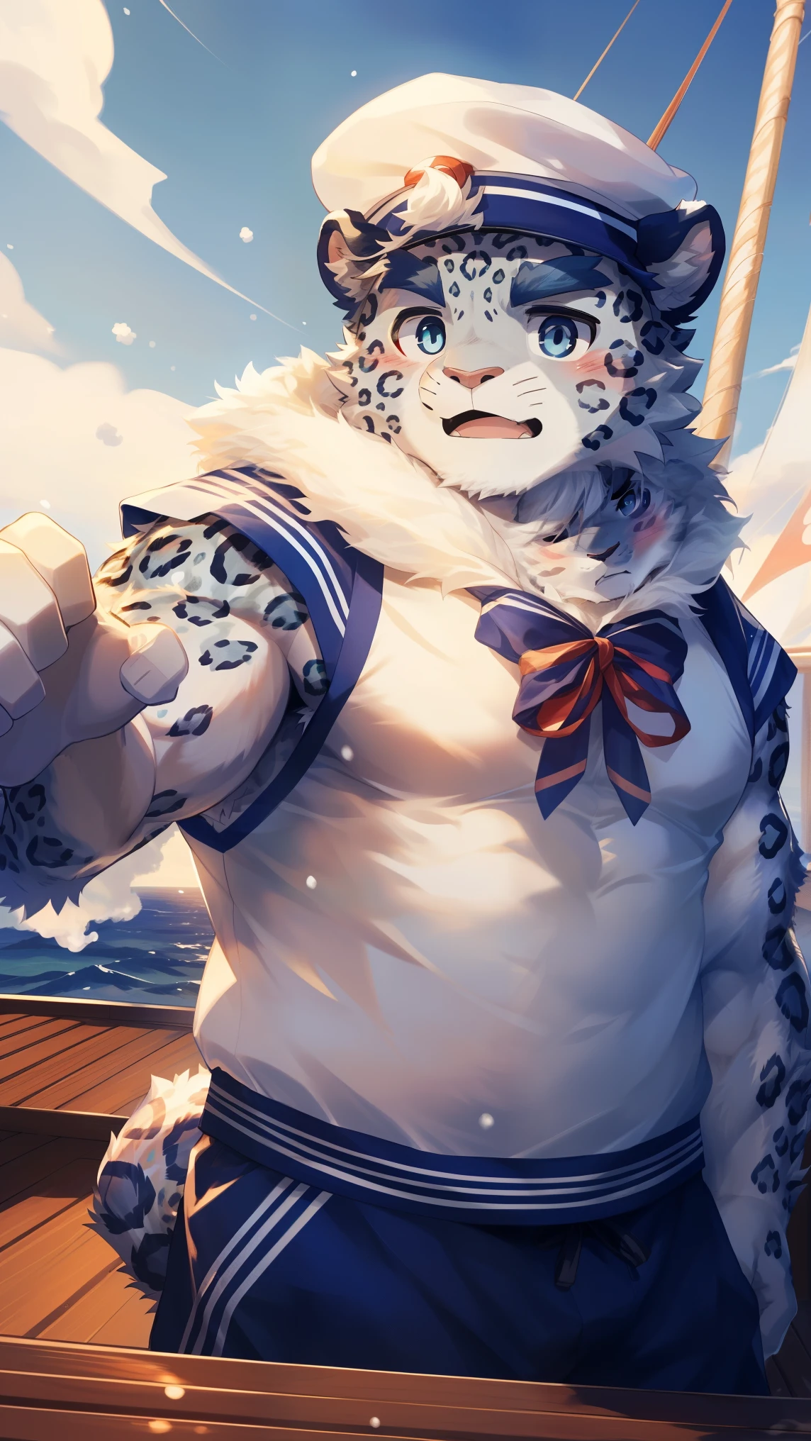 (Vision:1.5), solitary, anthropology, hairy, hairy male, snow leopard, ((Fluffy fur, Fluffy, hairy body)), (snow leopard print), (Thick eyebrows), youth, muscular, pectoralis major, White fur, Blue-gray pupils, Detailed teeth, defaced face, fundos, sailor, 蓝白条纹sailor服, White beret, On board, Sailing, sideways, Happy expression, blush, (Dynamic poses:1.5), Clear facial features, Strong, majestic, alone, panoramic, Fog atmosphere, early morning, Tyndall Light Effect, On deck, early morning的阳光, (By Empty Ghost, From snow leopard20, masterpiece, high quality, high resolution,8k)