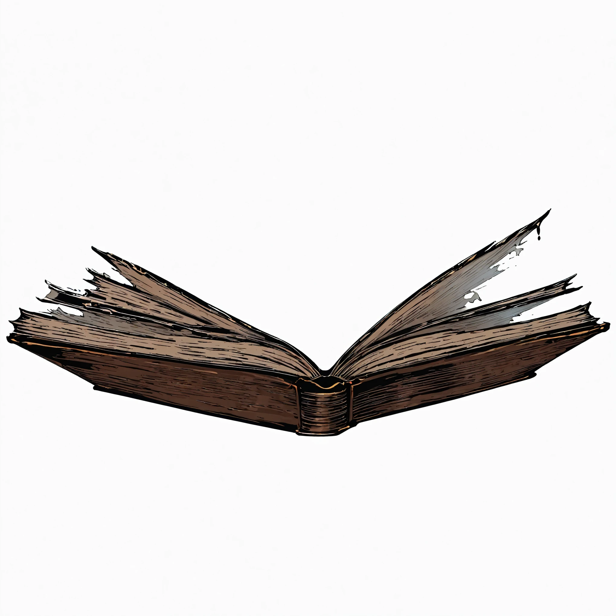 there is a book with a grudge as a cover, an open book, big open book, big opened book, open book page, open book, tattered book, horror theme, grudge theme, old book, manga style, thick drawing outline, thick outlines, dirty pages, plain pages