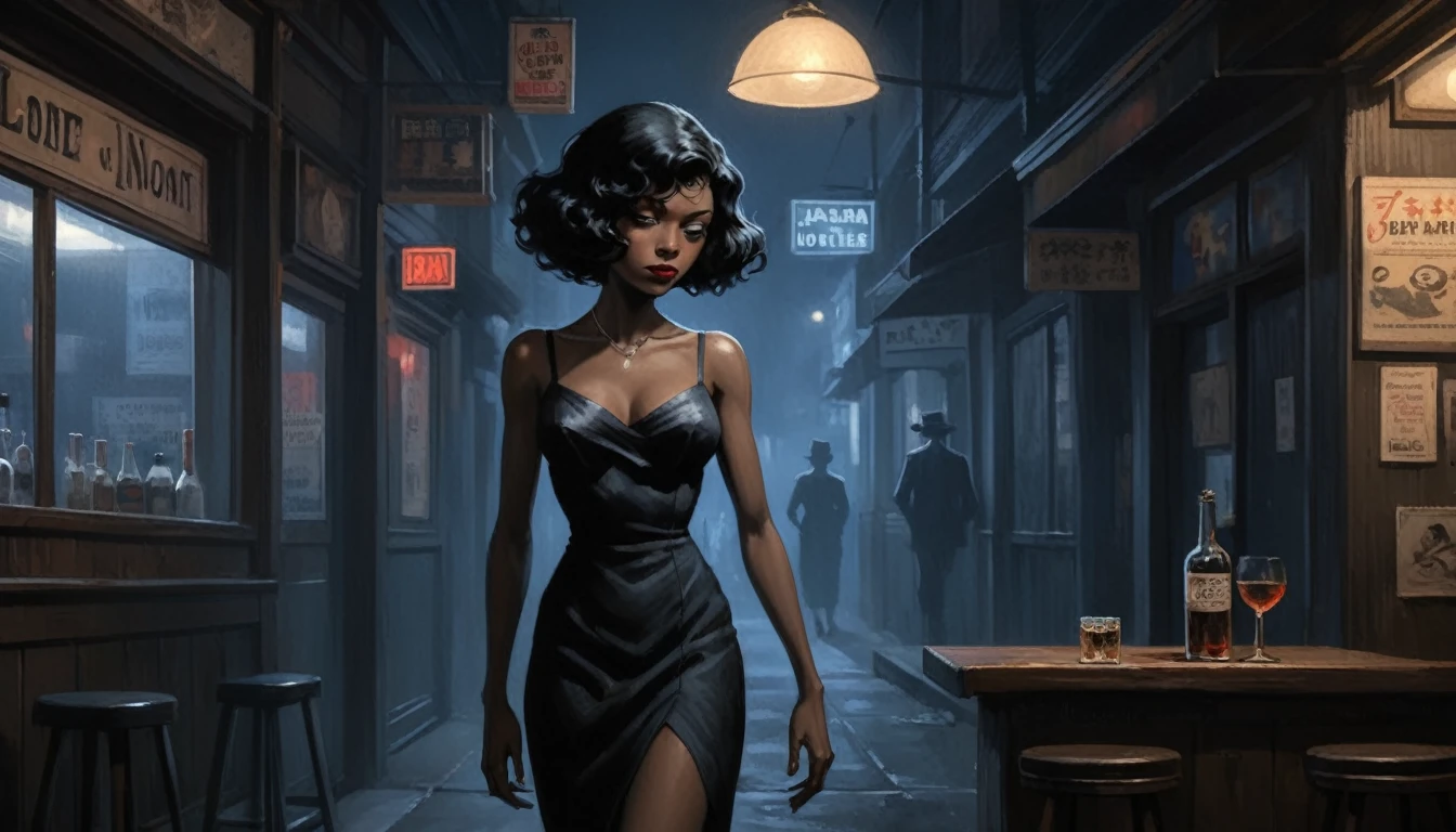 robert johnson, gritty, alabama bar, blue note, charismatic , black dress, illustration, noir fantasy, lone japan lady, sad ending, saxophonist