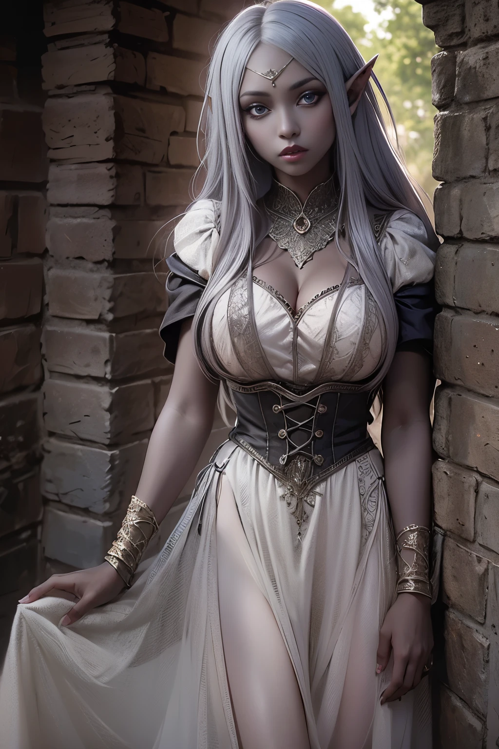 (Cute tween dark elf girl), 3/4 photo, bust focus, natural light, tomboy, skinny, thin, slim, lean, slender, nubile, posing for picture, white hair, blueeyes, natural lighting, thin waist, thin hips, perfect lips, fat lower lip, young, youthful, teen, teenager, busty, huge cleavage, grey background, medieval style peasant dress, corset, dark skin, drow, pointy ears