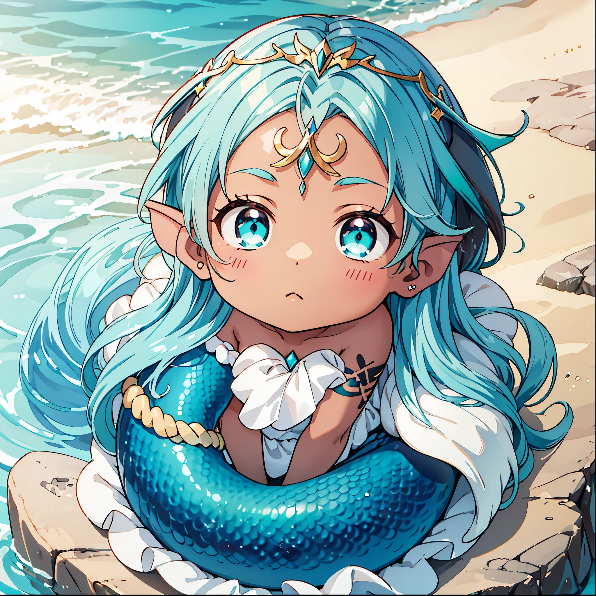 Baby Mermaid Girl sitting in a seashell, ((((DARK SKIN)))) ((Long OMBRE MULTICOLOR HAIR)), Teal Hair Mixed With Brown Hair, MERMAID TAIL, Rune Tattoos, (Gold Circlet), (((EAR FINS)))