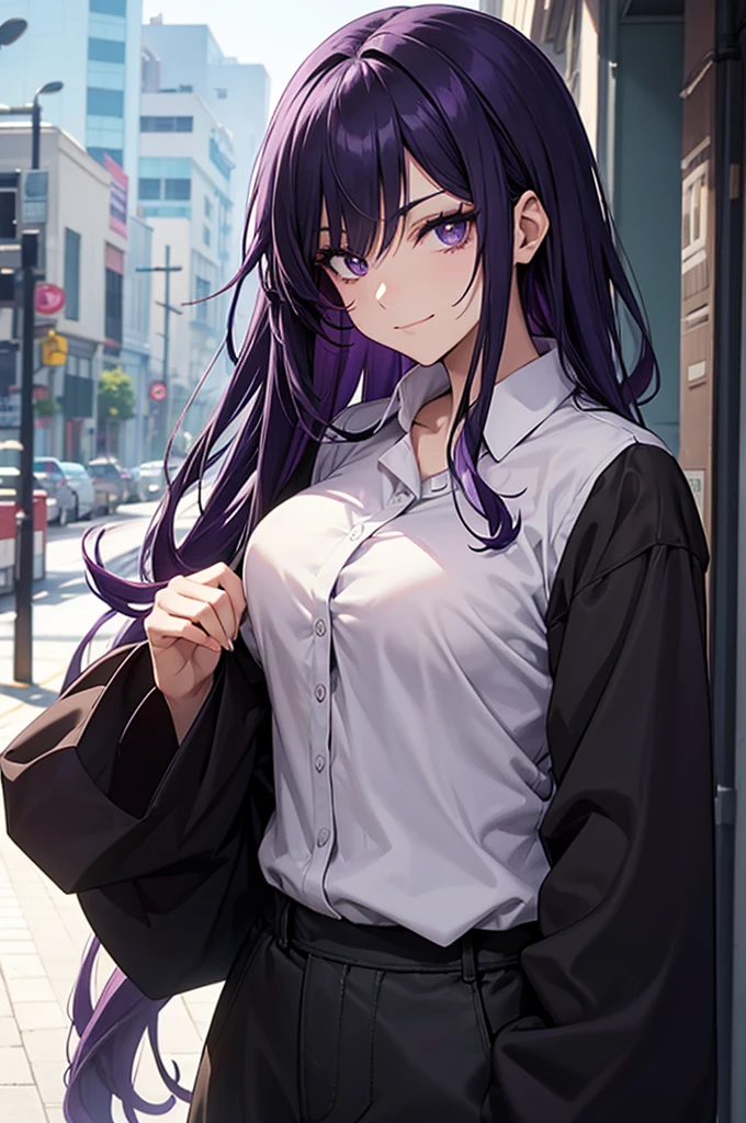 1 person, Anime, Dark purple hair parted on the side, Black eye contour, Wear a long sleeve shirt, Dark purple eyes.,Not smiling