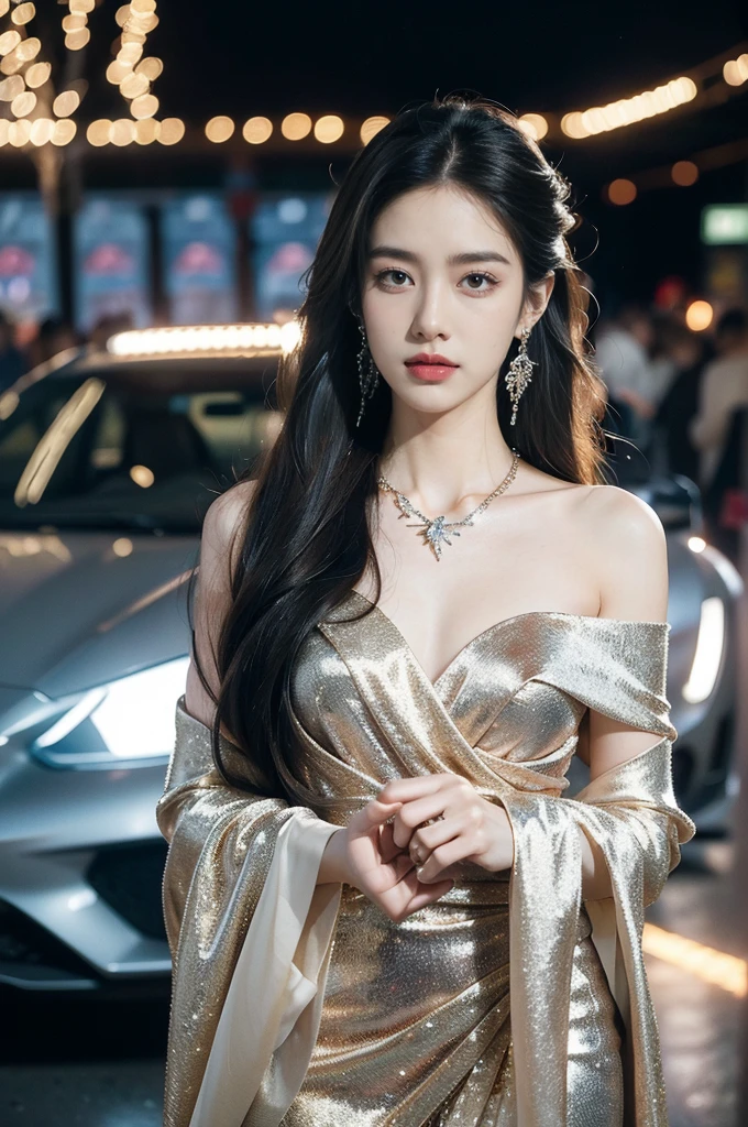 (((best quality))),(((ultra detailed))),(((masterpiece))),illustration,((1girl,gorgeous female model,solo)),((earrings,crystal necklace)),((slim,thin)),((small breasts,flat chest)),(slender legs:1.2),(standing:1.3),(beside a sleek futuristic car:1.3),(glamorres sparkled gown:1.3),intricate embellishments,drop-dead gorgeous,(shoulder length straight hair:1.2),vibrant piercing eyes,delicate facial features,rosy cheeks,parted res lips,confident allure,beauty grace,intricate patterns,shimmering fabric,elegant draping,complementary skin tone,radiates beauty,allure,sleek streamlined design,futurism,smooth curves angles,ambient lighting,ethereal aura,intricate patterns,LED lights,glow,sea of activity,(surrounded by crowded crowds:1.3),examine cars,electric atmosphere,cyberpunk style,excitement anticipation,energy palpable,enthusiasm future automobiles,modern elegance,technological innovation,captivating vibrant scene,invite viewers step into future,embrace beauty,((from front,upper body))