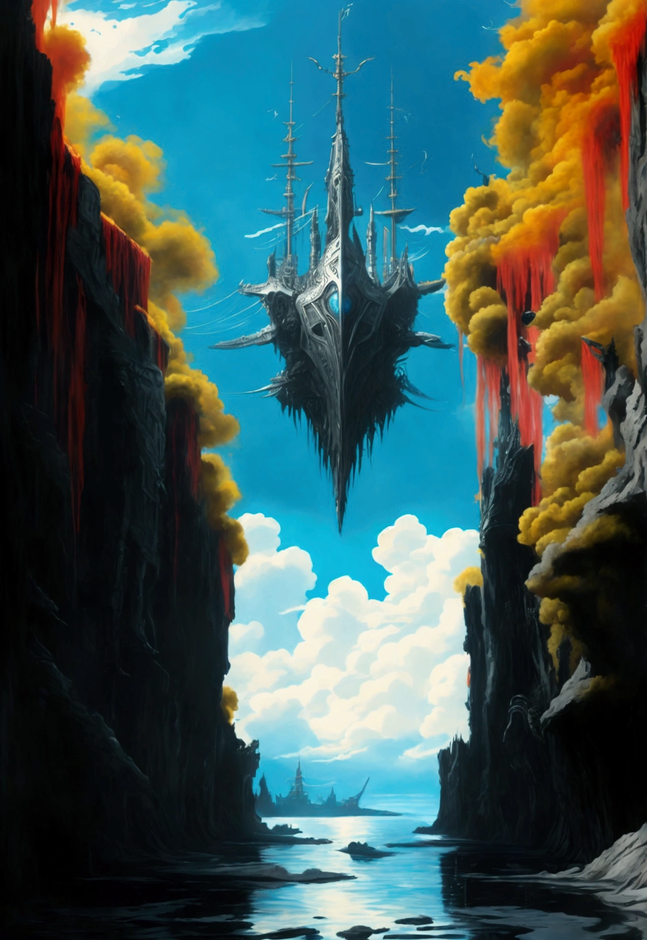 In the depths of horror black space, a fantastical ship appears, its hull adorned with intricate designs and its masts reaching towards the stars.
