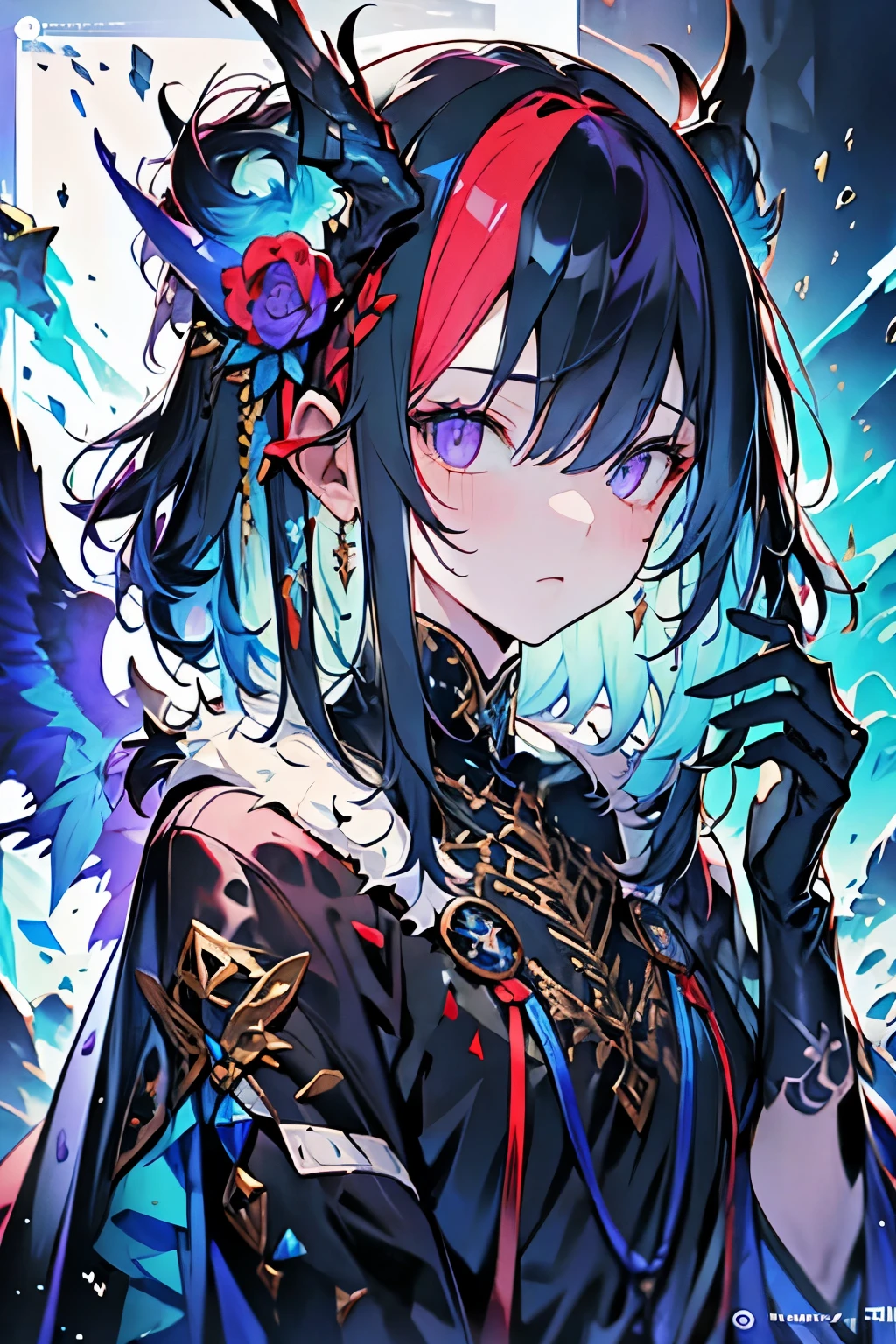 High resolution, masterpiece, Highest quality, One boy、Embarrassed、Purple Hair、Inner colorlight blue、Gradient color hairstyle, Diagonal bangs, Asymmetrical bangs, short hair、Asymmetrical Short、slacks、Wear warm clothes、Odd Eye、Attractive eyes、20-year-old、adult、headphone、music、magic、fallen Angel、Fantasy、moonlight、Moon God、vivid、