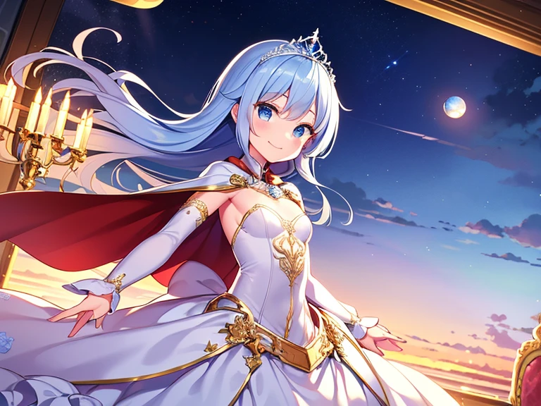 best quality,(long train blue cape:1.15),a cape wraps around the shoulders and arms,(long train white ball gown with floral decoration:1.15), a girl is wearing a cape over her dress, anime style, rococo style, little princess, tiara, kind smile, very long hair, small breast, perfect fingers, masterpiece