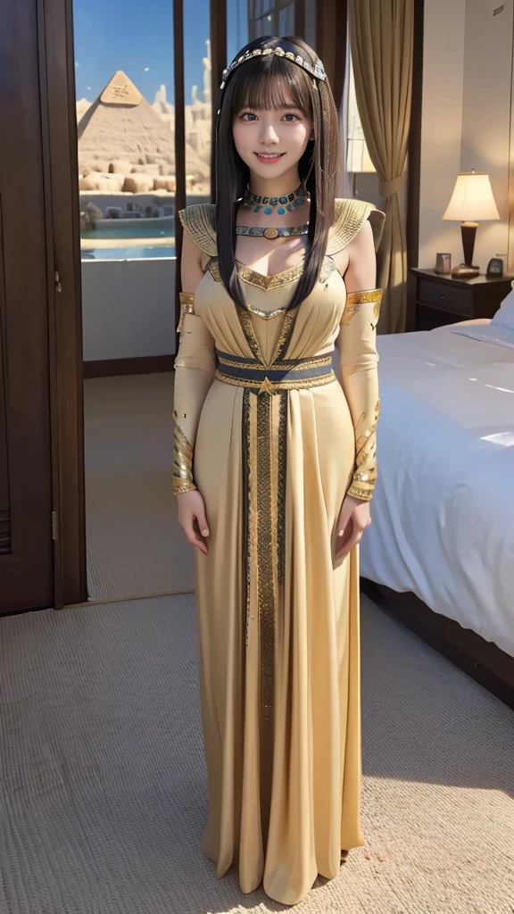 (wide shot), (((full body))), {{{masterpiece}}}, {{{best quality}}}, {{ultra-detailed}}, {illustration}, {{an extremely delicate and beautiful}}, one girl, (((old arabian costume))), 20 years old, japanese girl, smile, short hair, beauty, pretty face, cute face, medium breasts, natural face, standing, The composite part of the face looks natural, Natural balance between face and body, 8 heads, The golden ratio of face and body, Height 160cm, Weight 48kg, Fantastic, Mysterious, Arabian Nights, Fantasy, Live, (((Cleopatra))), (((Pyramid)))
