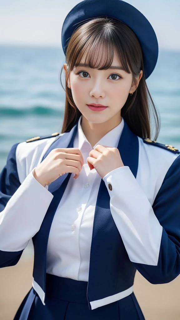((Highest quality、Highest quality、8k、masterpiece:1.3))、Short blonde、Ultra-fine face、Photograph the whole body、Detailed eyes、double eyelid、Street、Royal Navy Uniforms、White military uniform、Royal Navy、Rank of lieutenant、Epauletteedium sized breasts:1.2、Single jacket、Navy blue tie、pumps、on a battleship、On a ship sailing across the Atlantic、One Japanese woman、26-year-old woman、Perfect proportions、Pantyhose in natural colors