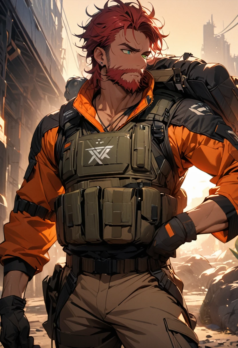 (masterpiece:1.2),(best quality:1.2),(masterpiece, best quality, ultra-high resolution), (Male character), Short, messy hair, thick, well-groomed red-haired beard, piercing green eyes, tanned and sun-tanned skin. He wears a rugged pilot suit in shades of orange and white, with a tactical vest and multiple combat insignia. Pilot's helmet hanging from his arm, thick gloves. 