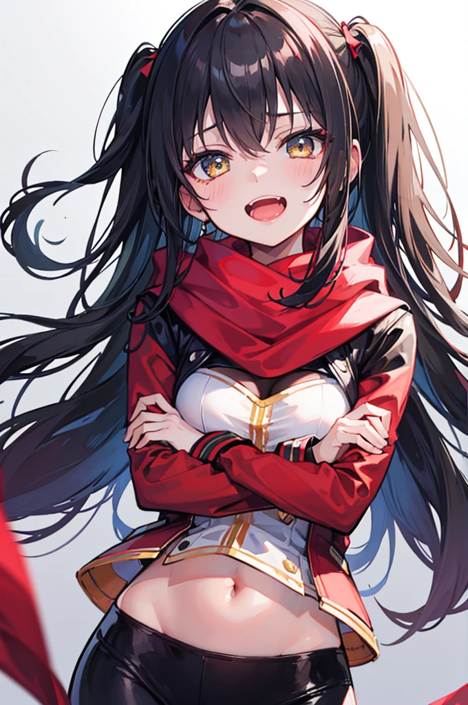 portrait, one side up, long hair, black hair, stupid hair, passionate fool, girl, medium breasts, Laugh loudly and energetically, golden eyes, red cloth scarf, Black Jacket, hero, Arms crossed