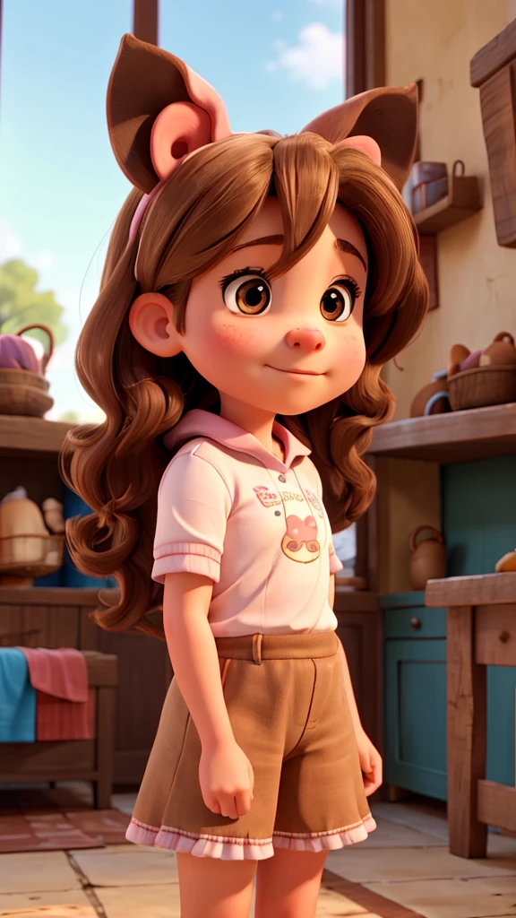 A girl, with a pig nouse, pig ears,and brown hairs, and brown eyes