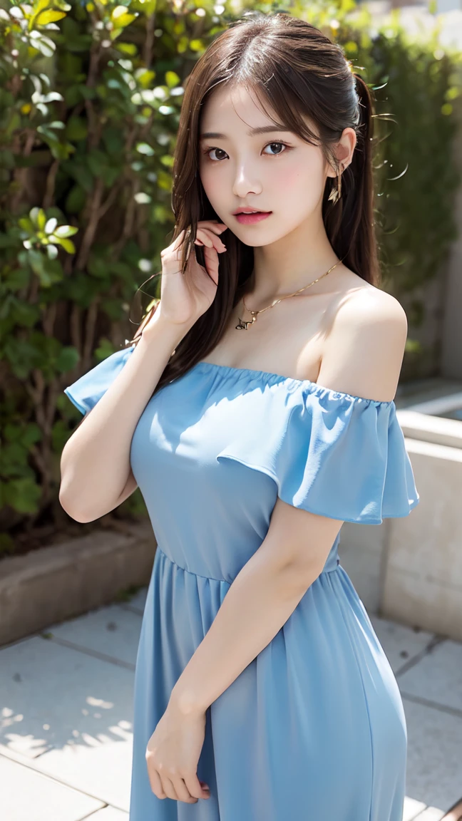 Body、Full Body Esbian、permanent, Lean forward, Place your hands on the floor、Lift your hips、Very small waist、(Very large breasts:1.3)、Ponytail、Plump thighs、Natural skin、Ultra-thin face、 Very thin hands, Very thin fingers, Optimal ratio、Surrealism, ((Cute dress、Exposing too much skin、Off-shoulder、Shorter length,Show your thighs))、Red cheeks、Body covered in 、Cross necklace、((18 year old female:1.ung and cute Japanese face, Official Art,Highly detailed CG Unity 8K wallpaper,(masterpiece:1.0),(best quality:1.0), Very detailed, photo shoot, 8K, nffsw, high resolution, Kodak Portrait 400, Film Grain, lens flare,Portraits,Viewer