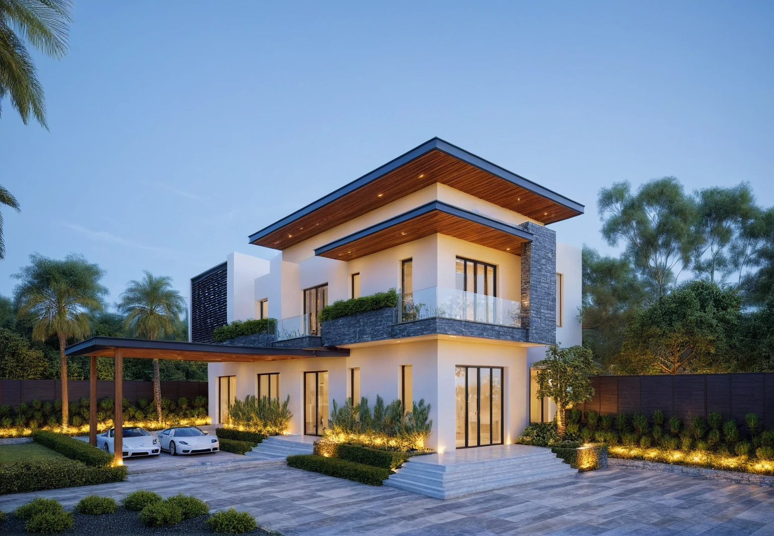 (Description of the first floor, ((white wall:1.2) mix design (Black aluminum brace separates villa floors)) , glass ceiling, and additional black marble map, (LED aluminum bar lights installed in ceiling and ceiling for exterior design), (2-sided spotlight for exterior design on the fence and door of the house), lighting steps leading up to planting flowers), modern villa design, (block sidewalks and asphalt roads), (day sky background), Low trees around the house, (mid day), (Neutral lighting is suitable for the townhouse, light color thermometer lighting), (architectural design visualization), (reflection), (focus on object), (material normal bump real reflection), (scattered light), (light ray), (multi-beam light), (sunbeam) (multi-level reflection), (chao vantage software visualization render),(((Best Quality))), ((Masterpiece)), ((best illustration)), ((best shadows)), ((Super Detail)), (Intricate lines), (Photorealism),(hyper detail), ((archdaily)), ((award winning design)), (dynamic light), ((day)), spotlight, (perfect light), (shimering light), ((photorealistic)), ((intricate detail)), ((extreme detail)), ((crazy detail)), ((octane render)), ((trending on artstation)), ((High-fidelity)), ((Viwvid)), ((Crisp)), ((Bright)), ((Stunning)), ((Eye-catching)), ((High-quality)),((Sharp))((Bright)), ((Stunning)), ((natural sun environment)), ((Eye-catching)), ((Illuminating)), ((Flawless)), ((High-quality)),((Sharp edge render)), ((medium soft lighting)), ((photographic render)), ((detailed archviz)), ((reality environment)), (modern villa design architectural design facade), (modern villa facade roof design), (modern villa facade wall design), (modern villa facade decoration material design) (modern villa door and window design modern), (environmental lighting design), (modern villa lighting design), (modern villa front gate and fence design), (Design lights for gate posts and fences), (modern villa facade railing design),