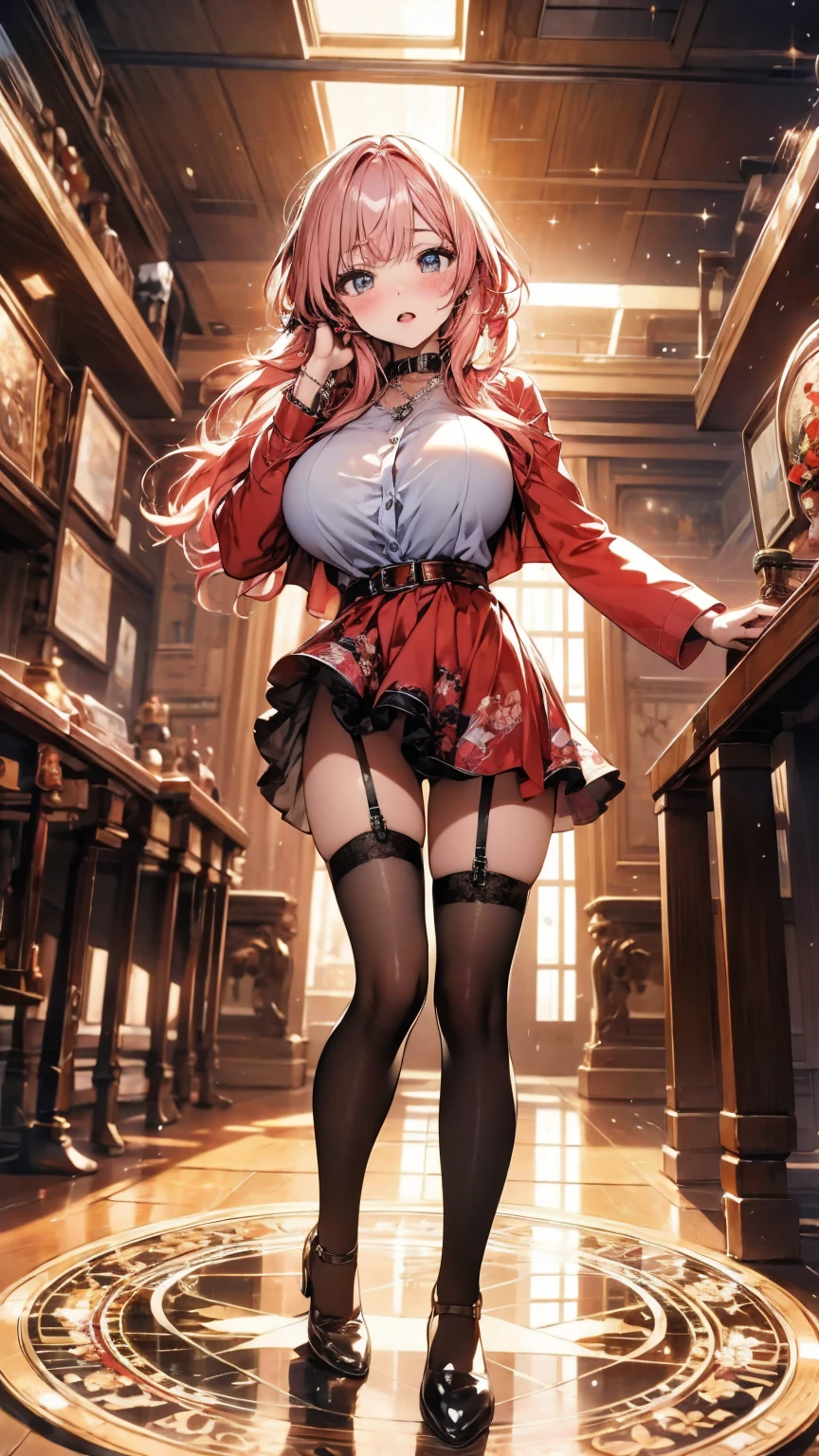 (Highest quality),(masterpiece), 8k,Very detailed, Detailed light, Best Shadow,Detailed reflective eyes, Beautiful Eyes, Very detailedな顔,Shiny Hair,sexy,Big Breasts,Charm,One person,Gloss,Fantasy,Charm, Blushing,Expressionless,tearsを流す,tears,looking at the camera,front,Cane,Explosion Magic,magic circle,Chant,garter belt,tights,Red dress,Low exposure,