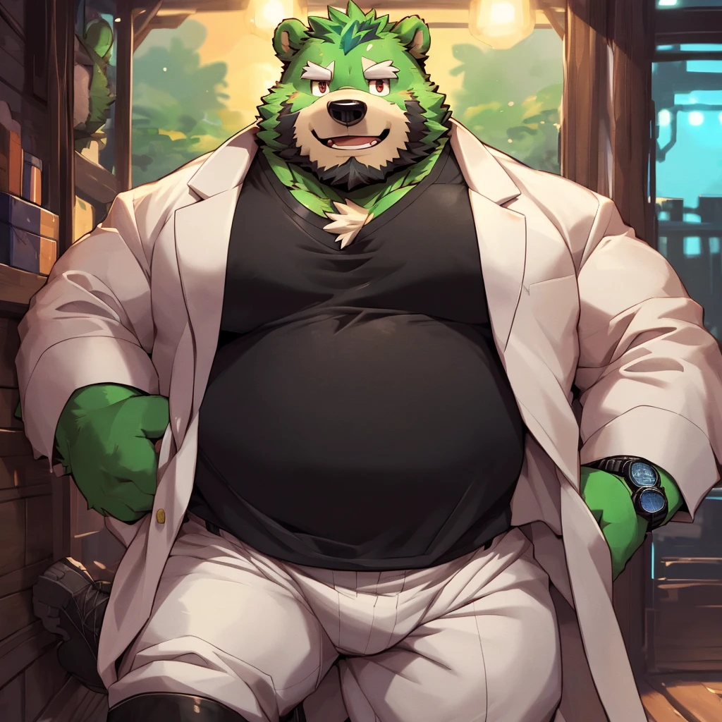 anthro, kemono, male, solo, ((round face, very plump face, thick beard)), (((dark beard))), ((endomorph body type, old-aged, mature)), ((green bear, bear) fluffy fur, fluffy), (high quality, highres, masterpiece), (dynamic lighting, vivid color), (generous smile), (face focus), front view (close up), cartoon, (((green bear))), (((green fur))), green hair, beard, white eyebrows, bald, red eyes, tall, (((black t-shirt inside, white long coat unhood, gray trousers, boots))) by zixiong, by takemoto arashi, by zixiong, (by null-ghost:0.8), (by t.y.stars:0.4), black necktie, solo, fatness,The shirt, 1boy, white shirt, The upper part of the body, malefocus, collared shir, trouser, Looks to the side, Harnes, chest muscle, Sleeves rolled up, Wrist watch, Wrist watch, sbeard, Yellow eyes, Detailed eyes