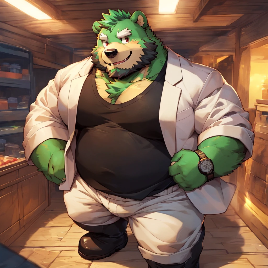 anthro, kemono, male, solo, ((round face, very plump face, thick beard)), (((dark beard))), ((endomorph body type, old-aged, mature)), ((green bear, bear) fluffy fur, fluffy), (high quality, highres, masterpiece), (dynamic lighting, vivid color), (generous smile), (face focus), front view (close up), cartoon, (((green bear))), (((green fur))), green hair, beard, white eyebrows, bald, red eyes, tall, (((black t-shirt inside, white long coat unhood, gray trousers, boots))) by zixiong, by takemoto arashi, by zixiong, (by null-ghost:0.8), (by t.y.stars:0.4), black necktie， solo， fatness，The shirt， 1boy， white  shirt， The upper part of the body， malefocus， collared shir， trouser， Looks to the side， Harnes， chest muscle， Sleeves rolled up， Wrist watch， Wrist watch， sbeard， Yellow eyes， Detailed eyes