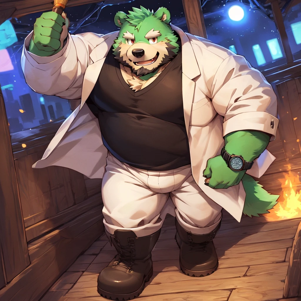 anthro, kemono, male, solo, ((round face, very plump face, thick beard)), (((dark beard))), ((endomorph body type, old-aged, mature)), ((green bear, bear) fluffy fur, fluffy), (high quality, highres, masterpiece), (dynamic lighting, vivid color), (generous smile), (face focus), front view (close up), cartoon, (((green bear))), (((green fur))), green hair, beard, white eyebrows, bald, red eyes, tall, (((black t-shirt inside, white long coat unhood, gray trousers, boots))) by zixiong, by takemoto arashi, by zixiong, (by null-ghost:0.8), (by t.y.stars:0.4), black necktie， solo， fatness，The shirt， 1boy， white  shirt， The upper part of the body， malefocus， collared shir， trouser， Looks to the side， Harnes， chest muscle， Sleeves rolled up， Wrist watch， Wrist watch， sbeard， Yellow eyes， Detailed eyes