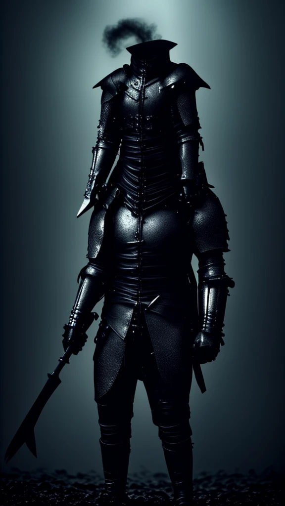 ((mejor calidad)), ((obra maestra)), (detallado), 1 man Dullahan, Without helmet, Knight,dullahan, corroded armor, paladin armor, dark, no head, dense black smoke for head, carries a single-bladed axe, wooden handle, ruinous edge, menacing appearance, axe in attack position, dark background, black mist, forest at night