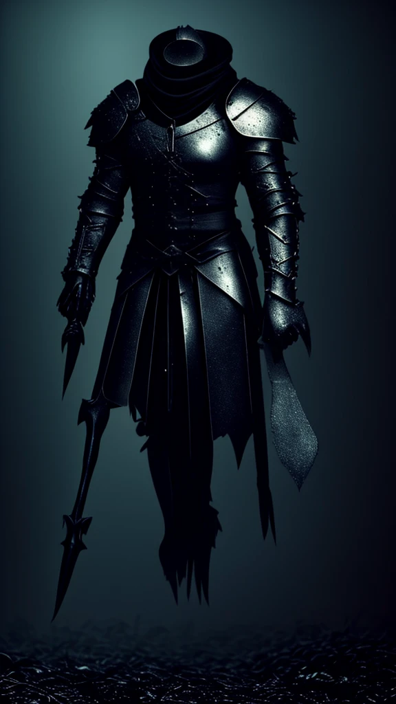 ((mejor calidad)), ((obra maestra)), (detallado), 1 man Dullahan, Without helmet, Knight,dullahan, corroded armor, paladin armor, dark, no head, dense black smoke for head, carries a single-bladed axe, wooden handle, ruinous edge, menacing appearance, axe in attack position, dark background, black mist, forest at night