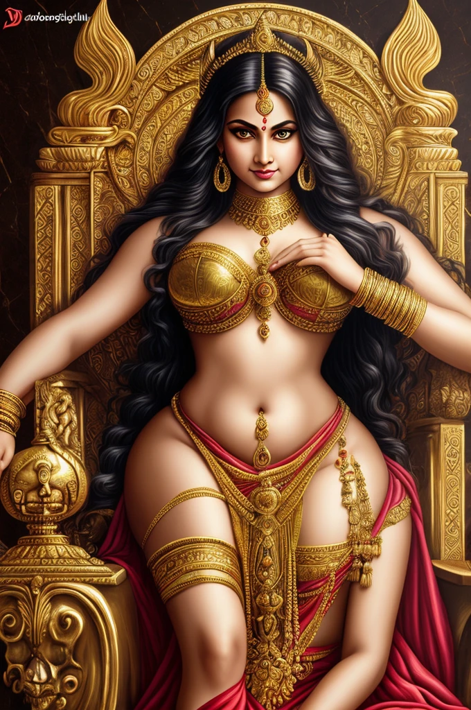 1 demoness, green skin, detailed face, beautiful eyes, intoxicating gaze, long flowing hair, smiling expression, crescent moon on forehead, slim curvy figure, big breasts, perspiring slightly, three folds of skin and fine hair below navel, seated on gold throne, wearing red garments and jewelry, holding skull in left hand and sword in right hand, acrylic on canvas, baroque style, inspired by Indian mythology, (best quality,4k,8k,highres,masterpiece:1.2),ultra-detailed,(realistic,photorealistic,photo-realistic:1.37),highly detailed description