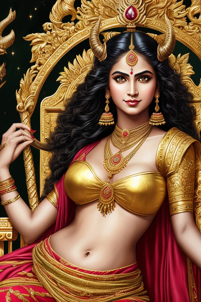 1 demoness, green skin, detailed face, beautiful eyes, intoxicating gaze, long flowing hair, smiling expression, crescent moon on forehead, slim curvy figure, big breasts, perspiring slightly, three folds of skin and fine hair below navel, seated on gold throne, wearing red garments and jewelry, holding skull in left hand and sword in right hand, acrylic on canvas, baroque style, inspired by Indian mythology, (best quality,4k,8k,highres,masterpiece:1.2),ultra-detailed,(realistic,photorealistic,photo-realistic:1.37),highly detailed description