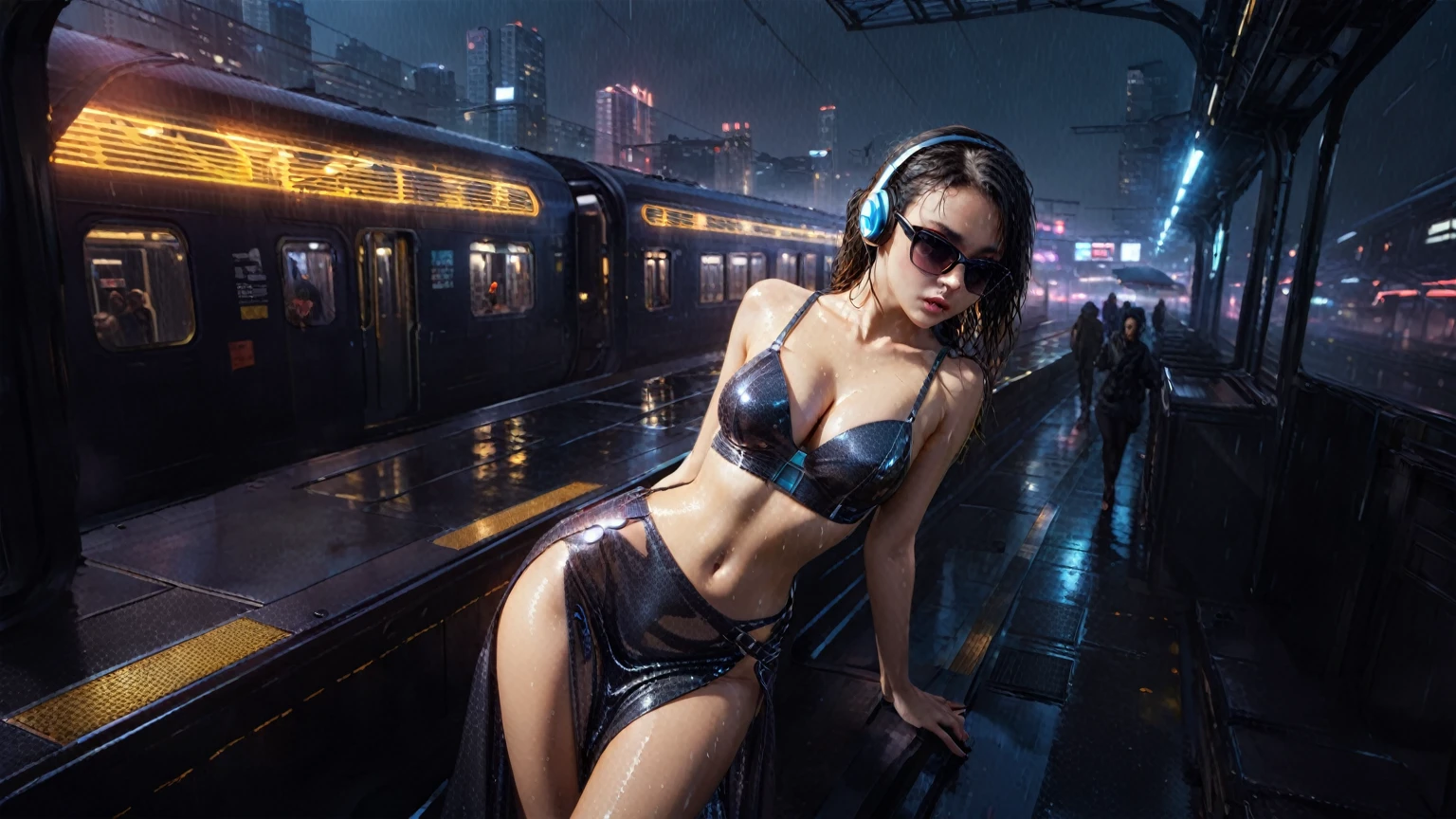 (((aerial view))), Blade Runner style futuristic railway platform, hi-tech train, neon lights, rainy night. (1girl, solo, alone), large-breast:1.2 slim body, cleavage:1.1, sexy wind blowing wet dress:1.4, headphone, (micro:0.8 black sunglasses), (((she raised a pistol:1.8 and shot:1.8 the viewer))), dynamic pose, (((half-body thigh level medium shot))), cinematic lighting, lens flare, ray tracing, zoom-in blurred:1.4 background.