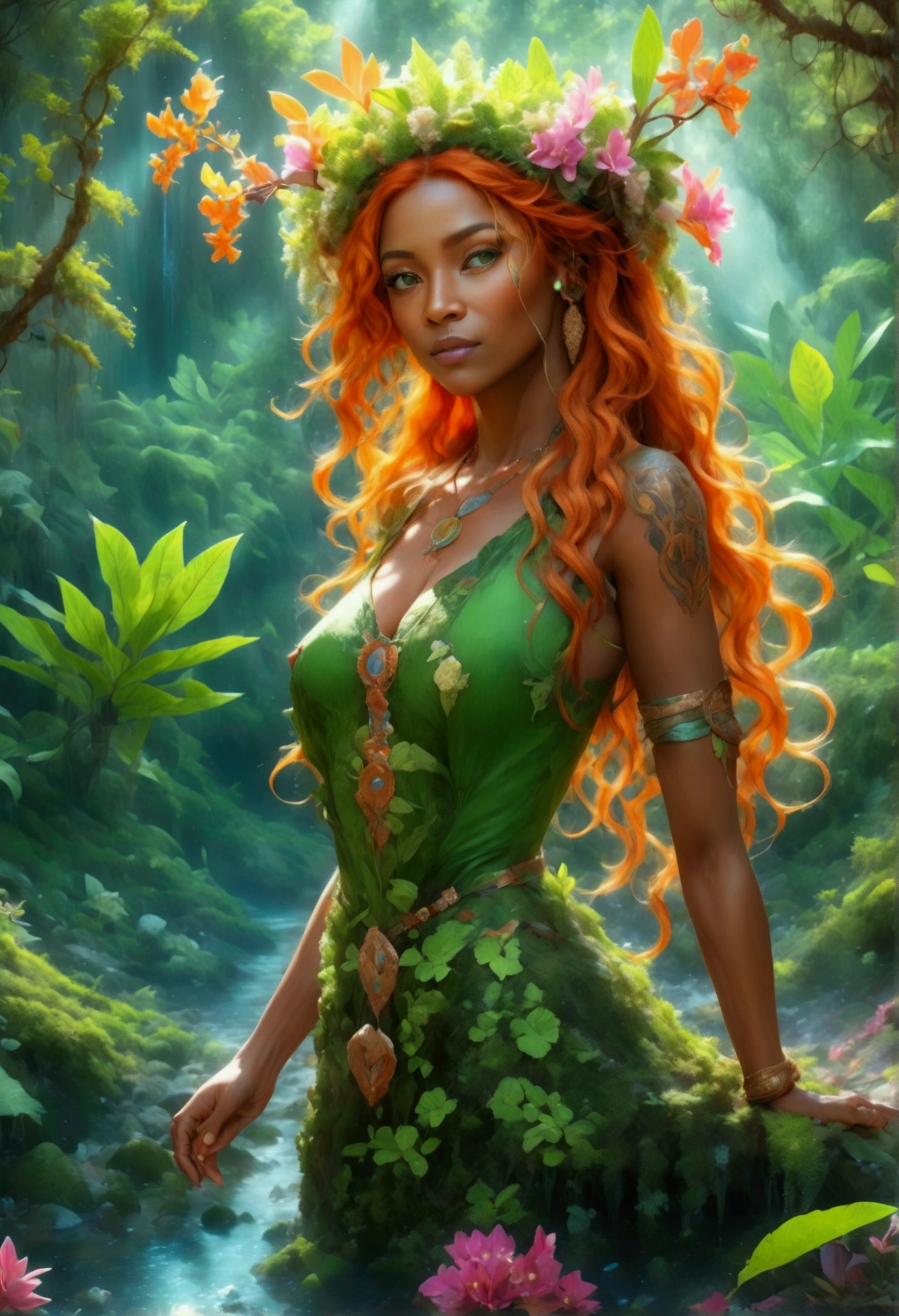  a picture of a druid in her jungle cove, an exotic, most beautiful human druid, priest of nature, warden of the wild of the jungle, full body, ((anatomically correct: 1.5)) long hair, wild hair, orange hair, flowers and leaves in her hair, wearing a green robe, small cleavage, high boots, eyes glowing with magic, she protects her jungle grove, many old (cacao trees: 1.3), orchids trees, heliconia flowers, some wild life, a (stream of water: 1.3), fantasy art, vibrant, Ultra-high resolution, High Contrast, (masterpiece:1.5), highest quality, Best aesthetics), best details, best quality, highres, ultra wide angle, 16k, [ultra detailed], masterpiece, best quality, (extremely detailed) RAW, 