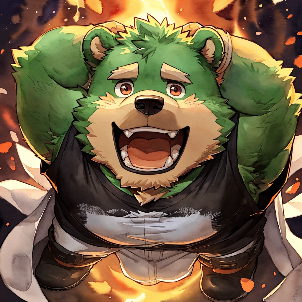 Scribble bear face, ((cute)),anthro, kemono, male, solo, ((round face, very plump face, thick beard)), (((dark beard))), ((endomorph body type, old-aged, mature)), ((green bear, bear) fluffy fur, fluffy), (high quality, highres, masterpiece), (dynamic lighting, vivid color), (generous smile), (face focus), front view (close up), cartoon, (((green bear))), (((green fur))), green hair, beard, white eyebrows, bald, red eyes, tall, (((black t-shirt inside, white long coat unhood, gray trousers, boots))), (close up:1.5), by takemoto arashi, by kamyuel, by milkytiger1145, by 96panda, generous smile, happy, open mouth, (watercolor \(medium\), IrisCompiet:1.2),front view, face focus, abstract background, fantasy, many colors, colorful,