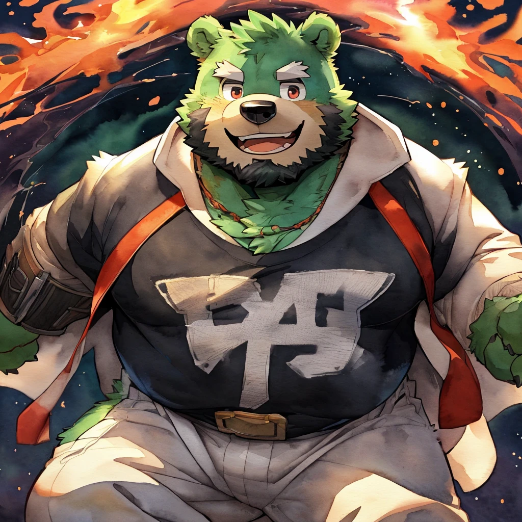 anthro, kemono, male, solo, (((green bear))), (((green fur))), green hair, red eyes, beard, white eyebrows, sexy, blush, wink, white background, wear a white loincloth, sweating a lot, tongue out, bare body, waving a fan, fundoshi, full body