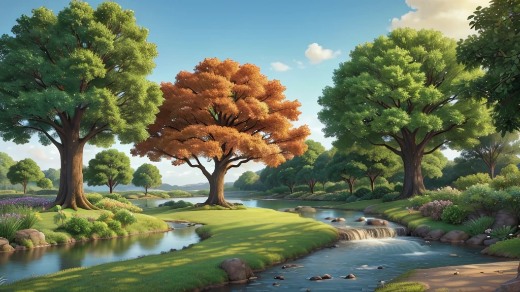 "Create an image of the Tree of Life situated in a lush, vibrant garden. The tree should be majestic with large, spreading branches, and abundant, radiant green leaves. Its roots should appear deep and strong, symbolizing its ancient nature. Around the tree, there should be a variety of colorful flowers and plants, with a serene river flowing nearby. The background should depict a beautiful, bright sky, possibly with a soft golden glow to evoke a sense of divine presence. In the distance, faint outlines of a celestial city should be visible, hinting at the connection to the heavenly realm."
}