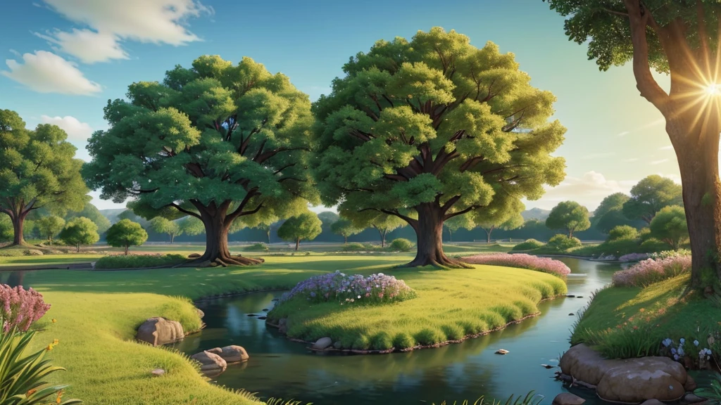 "Create an image of the Tree of Life situated in a lush, vibrant garden. The tree should be majestic with large, spreading branches, and abundant, radiant green leaves. Its roots should appear deep and strong, symbolizing its ancient nature. Around the tree, there should be a variety of colorful flowers and plants, with a serene river flowing nearby. The background should depict a beautiful, bright sky, possibly with a soft golden glow to evoke a sense of divine presence. In the distance, faint outlines of a celestial city should be visible, hinting at the connection to the heavenly realm."
}
