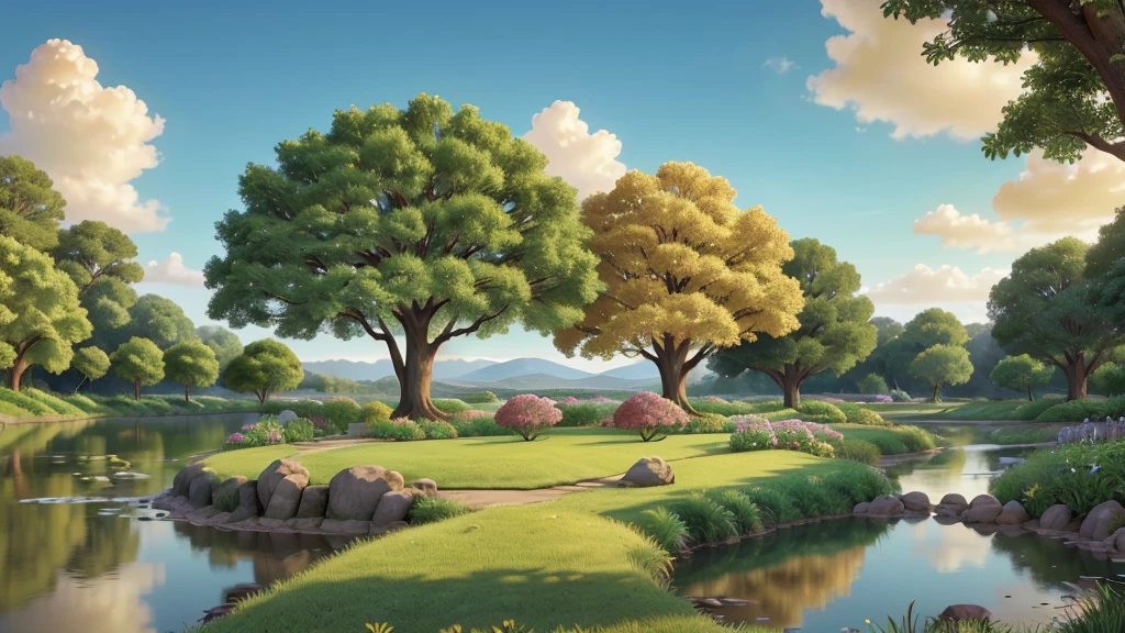 "Create an image of the Tree of Life situated in a lush, vibrant garden. The tree should be majestic with large, spreading branches, and abundant, radiant green leaves. Its roots should appear deep and strong, symbolizing its ancient nature. Around the tree, there should be a variety of colorful flowers and plants, with a serene river flowing nearby. The background should depict a beautiful, bright sky, possibly with a soft golden glow to evoke a sense of divine presence. In the distance, faint outlines of a celestial city should be visible, hinting at the connection to the heavenly realm."
}
