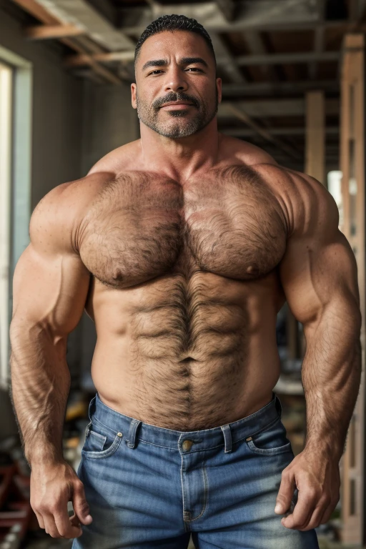 Masterpiece, Best Quality, High resolution, (1 chico:1.4), male focus, 50-year-old cowboy in ranch, jeans and belt, wearing cowboy hat, furry, beefy, chubby, natural lighting, HDR, (GS-Macho :1.5), thick forearms, thick arms, huge thighs, large pecs, big chest, charming smile, erotic look, winking at camera, scruff, hairy, raunchy