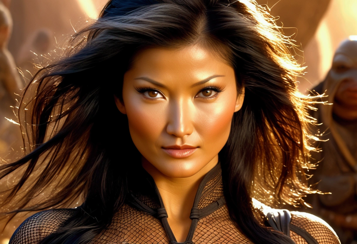 (Kelly Hu, age 25, sheer fishnet outfit no underwear), struggling against leash in Jabba's palace, beautiful detailed eyes, beautiful detailed lips, extremely detailed eyes and face, long eyelashes, dangerous aliens, cheering, medium:digital art, realistic, photorealistic, photo-realistic:1.37, best quality,4k,8k,highres,masterpiece:1.2,ultra-detailed,realistic,physically-based rendering,extreme detail description,professional,vivid colors,bokeh,sci-fi