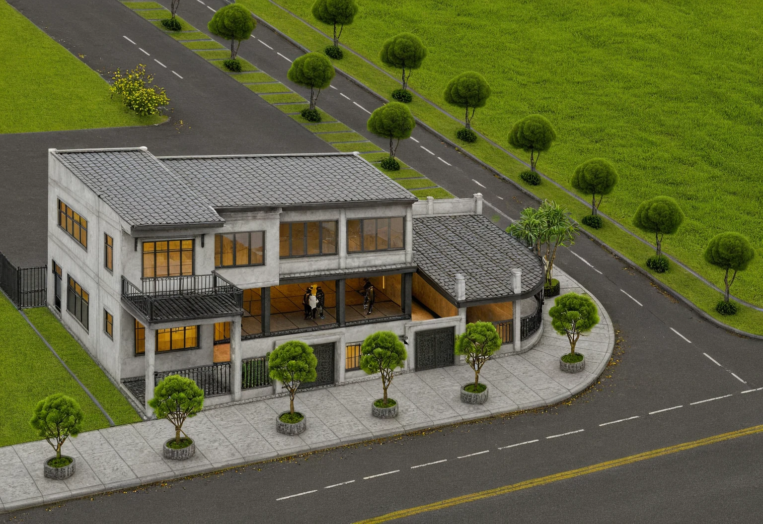Raw photo,Masterpiece, high quality, best quality, authentic, super detail,
exterior, outdoors, house style indochine on the street ,aiaigroup
road,pavement, grass, trees, sky, cloud, (day:1.1)