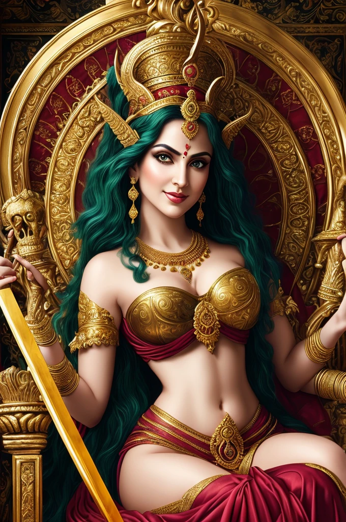 1 demoness, green skin, detailed face, beautiful eyes, intoxicating gaze, long flowing hair, smiling expression, crescent moon on forehead, slim curvy figure, big breasts, perspiring slightly, three folds of skin and fine hair below navel, seated on gold throne, wearing red garments and jewelry, holding skull in left hand and sword in right hand, acrylic on canvas, baroque style, inspired by Indian mythology, (best quality,4k,8k,highres,masterpiece:1.2),ultra-detailed,(realistic,photorealistic,photo-realistic:1.37),highly detailed description, by Paul Reubens