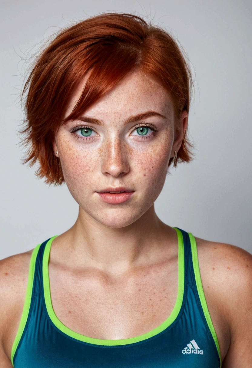 Woman 20 Years Old Nordic Ethnicity, Short red hair with a perfect face and light freckles, Blue-Green Eyes Wearing Gym Shorts And Bra
