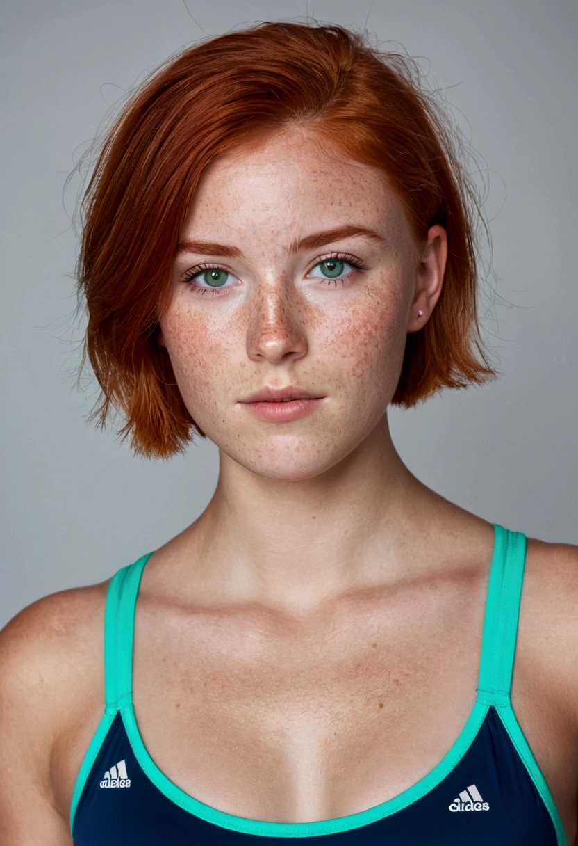 Woman 20 Years Old Nordic Ethnicity, Short red hair with a perfect face and light freckles, Blue-Green Eyes Wearing Gym Shorts And Bra