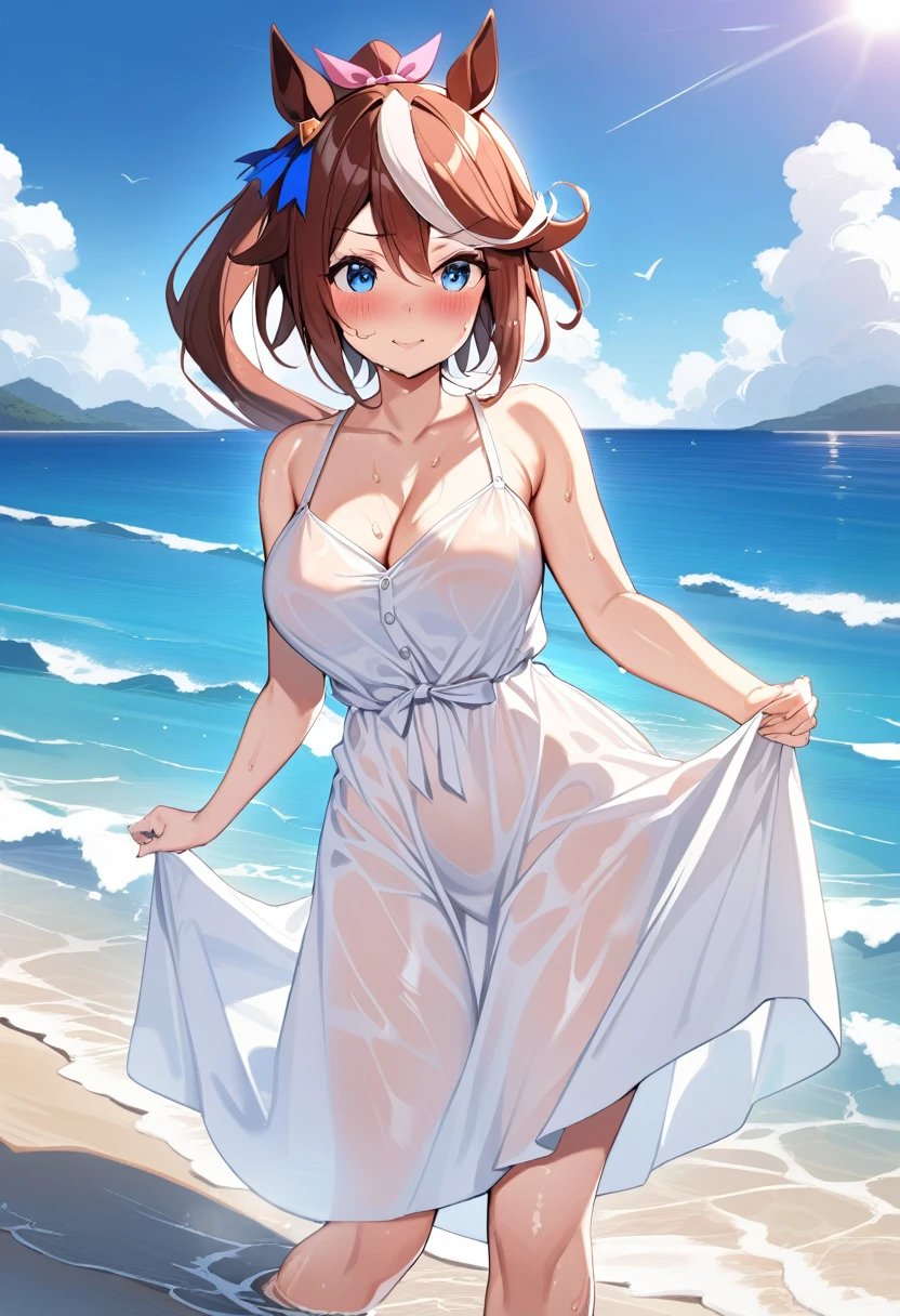 1 Girl,tokai teio (umamusume),(umamusume),shiny skin,sweat,blush,large breasts,sundress,white dress,see-through,standing,full-body,water,sea,masterpiece,best quality,very aesthetic,mid,absurdres,