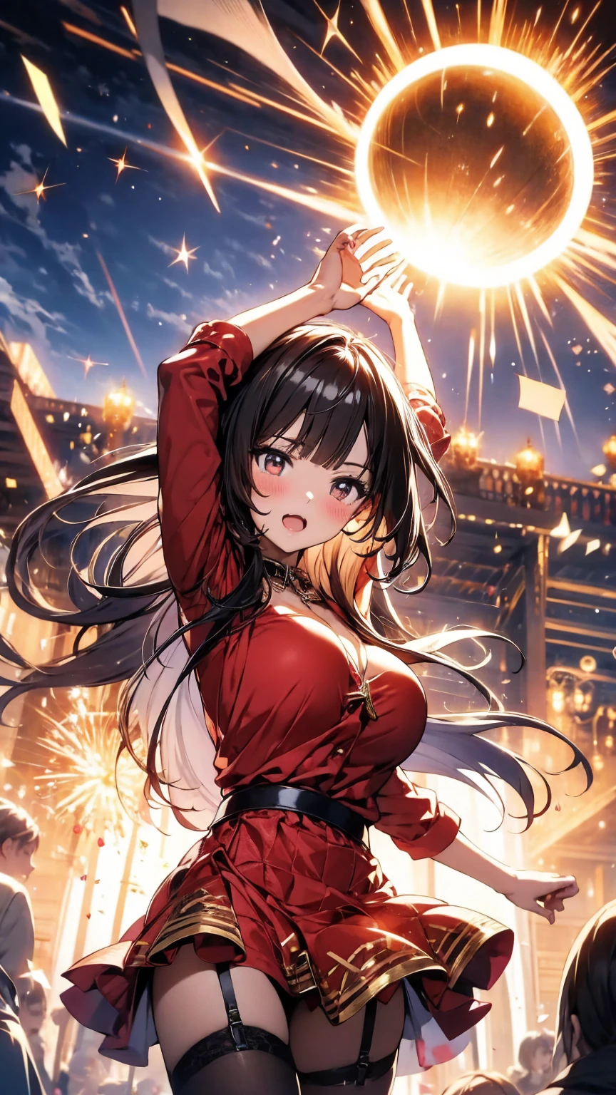 (Highest quality),(masterpiece), 8k,Very detailed, Detailed light, Best Shadow,Detailed reflective eyes, Beautiful Eyes, Very detailedな顔,Shiny Hair,sexy,Big Breasts,Charm,One person,Gloss,Fantasy,Charm, Blushing,Expressionless,tearsを流す,tears,looking at the camera,front,Cane,Explosion Magic,magic circle,Chant,garter belt,tights,Red dress,Magical girl,Black Hair,