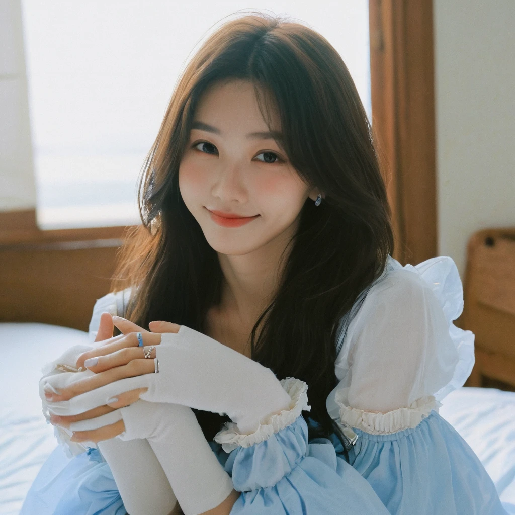 Highest quality, masterpiece, One girl, alone, ferry, Long Hair, ferryBase, Knee socks, Exposing shoulders, jewelry, No sleeve, White Dress, Blue Skirt, gloves, bed room, bed, Wooden floor, Sitting, Sitting on bed, Put your hands on your feet, smile, Soft lighting, whole body, Wide Hips, Medium chest