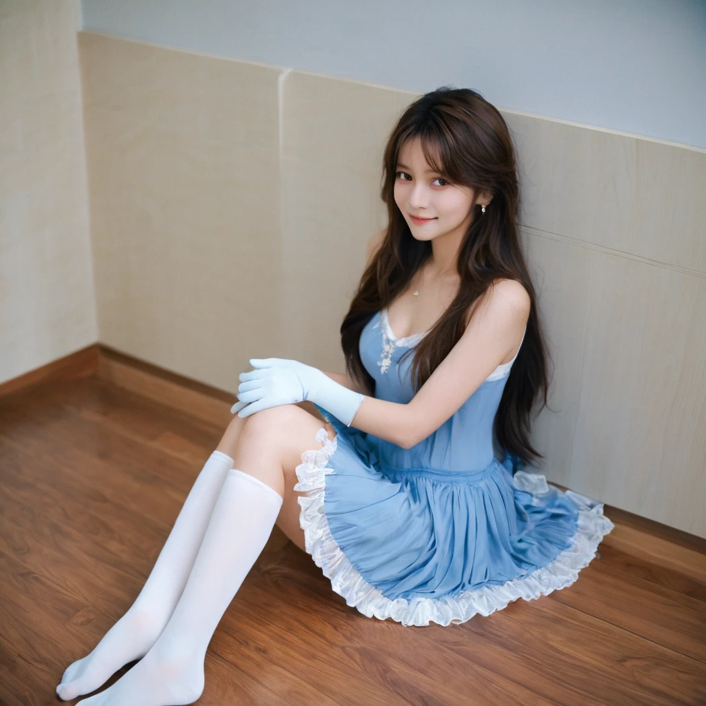 Highest quality, masterpiece, One girl, alone, ferry, Long Hair, ferryBase, Knee socks, Exposing shoulders, jewelry, No sleeve, White Dress, Blue Skirt, gloves, bed room, bed, Wooden floor, Sitting, Sitting on bed, Put your hands on your feet, smile, Soft lighting, whole body, Wide Hips, Medium chest