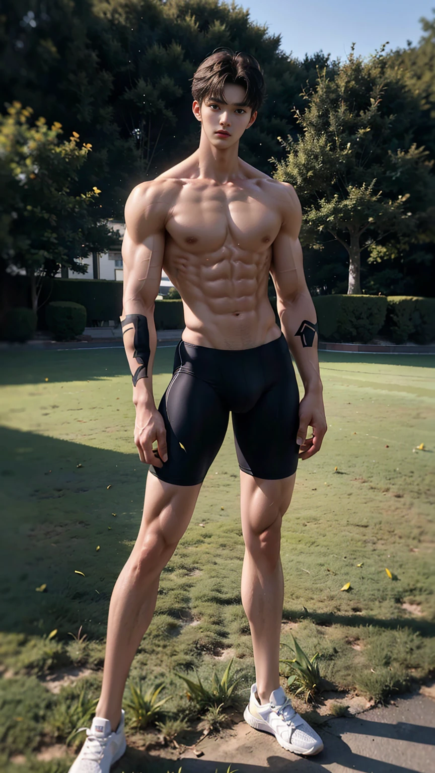 masterpiece,best quality, (An 18-year-old boy with extraordinary development:1.2), Tall and strong，（Tall and fit body：1.2），(Kneeling upright on the campus grass),Look up at the characters，Front view，Stay away from the camera，Black and white tight-fitting cycling suit,（Broad and straight shoulders）,Muscular shoulders，Well-developed chest muscles，（Extremely strong body），Muscular body，Fitness，Perfect body proportions，Inverted triangle figure，Biceps，Highlight muscle texture， Muscular body，Slender and toned legs，Small head，Handsome and cute face，Perfectly detailed facial features,Looking at the camera，A serious and angry expressiotomically correct，leaning back,head tilt, happy, very short hair, brown hair,(looking at viewer:1.2)，full body，Vision